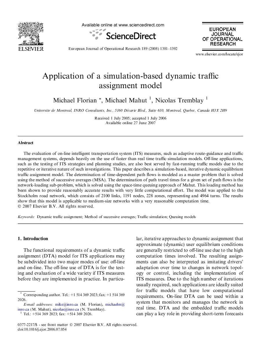 Application of a simulation-based dynamic traffic assignment model