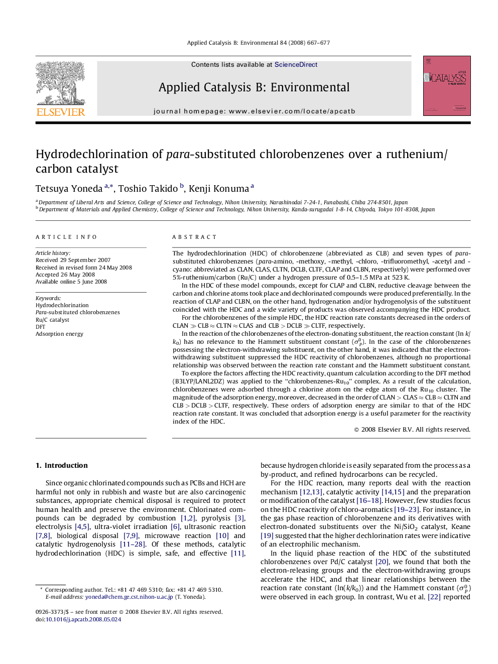 Hydrodechlorination of para-substituted chlorobenzenes over a ruthenium/carbon catalyst