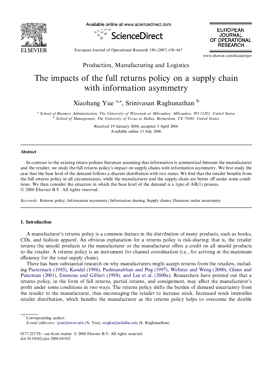 The impacts of the full returns policy on a supply chain with information asymmetry