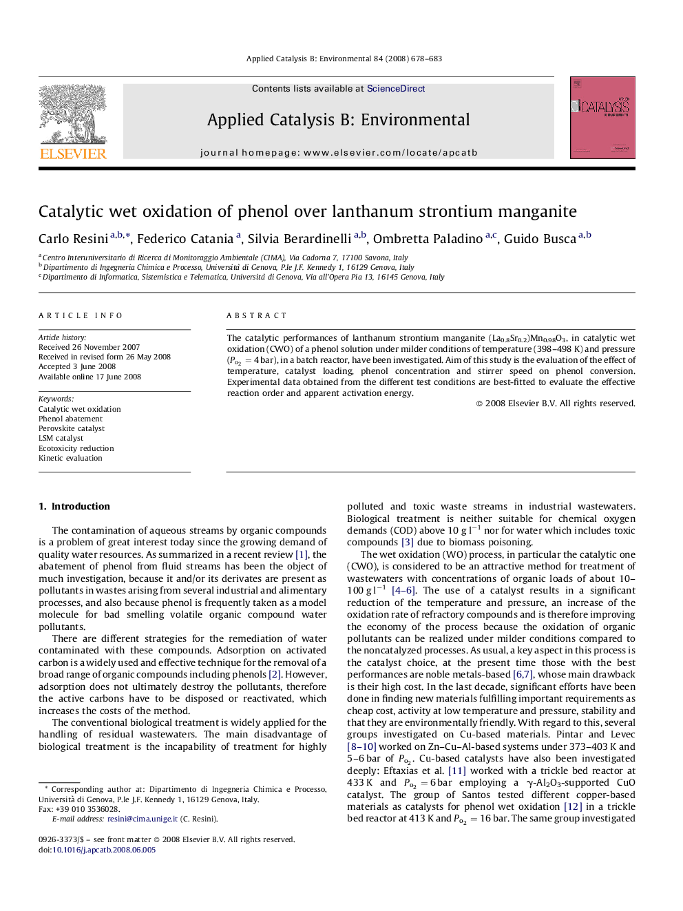 Catalytic wet oxidation of phenol over lanthanum strontium manganite