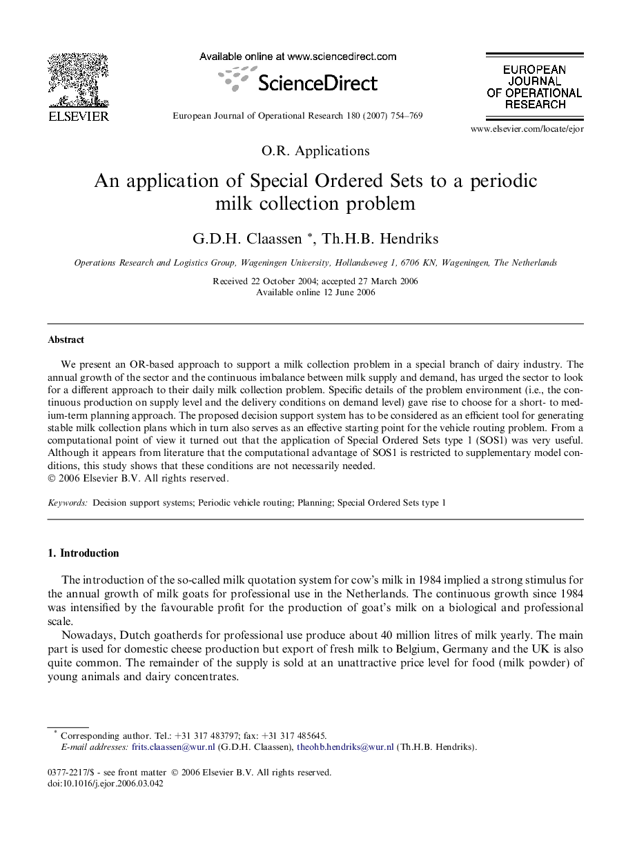 An application of Special Ordered Sets to a periodic milk collection problem