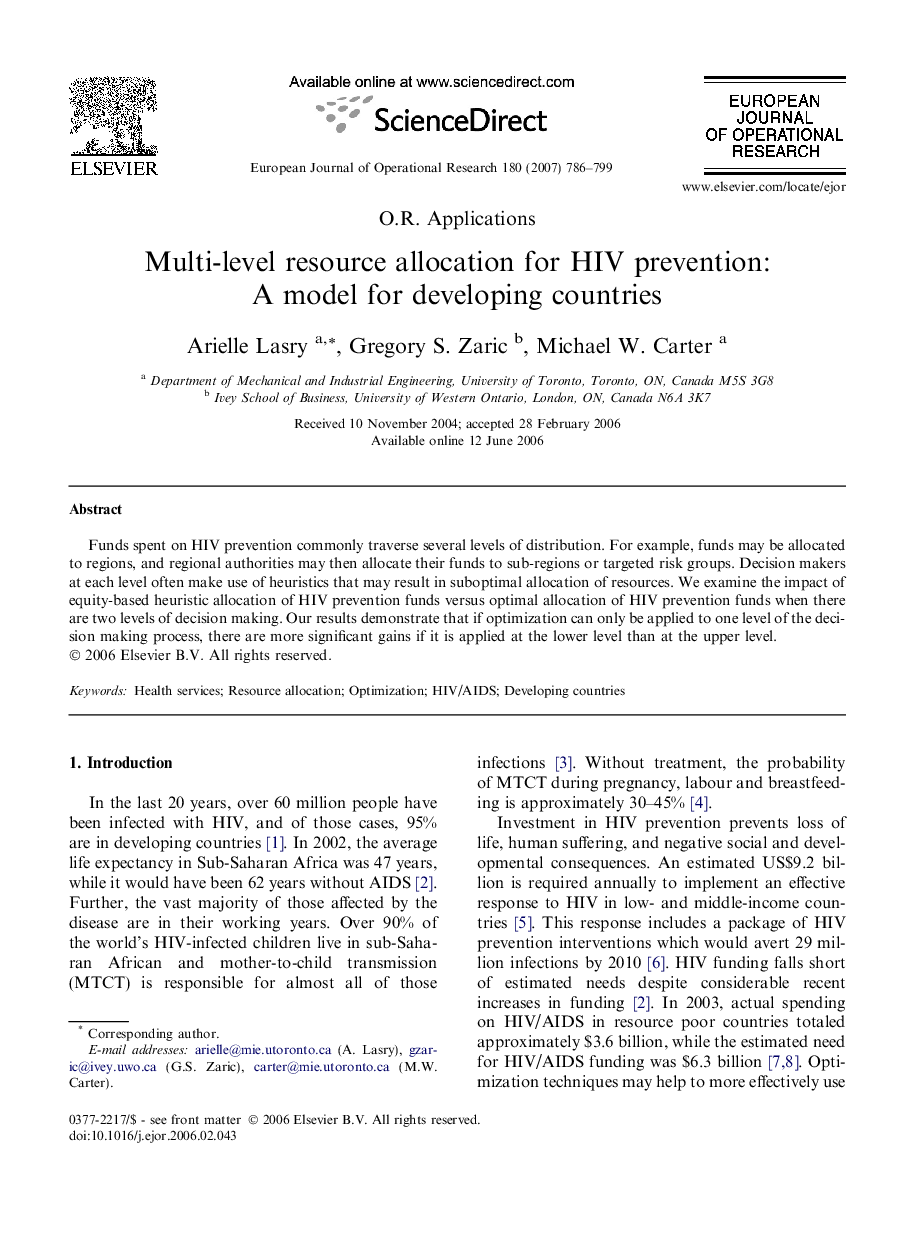 Multi-level resource allocation for HIV prevention: A model for developing countries