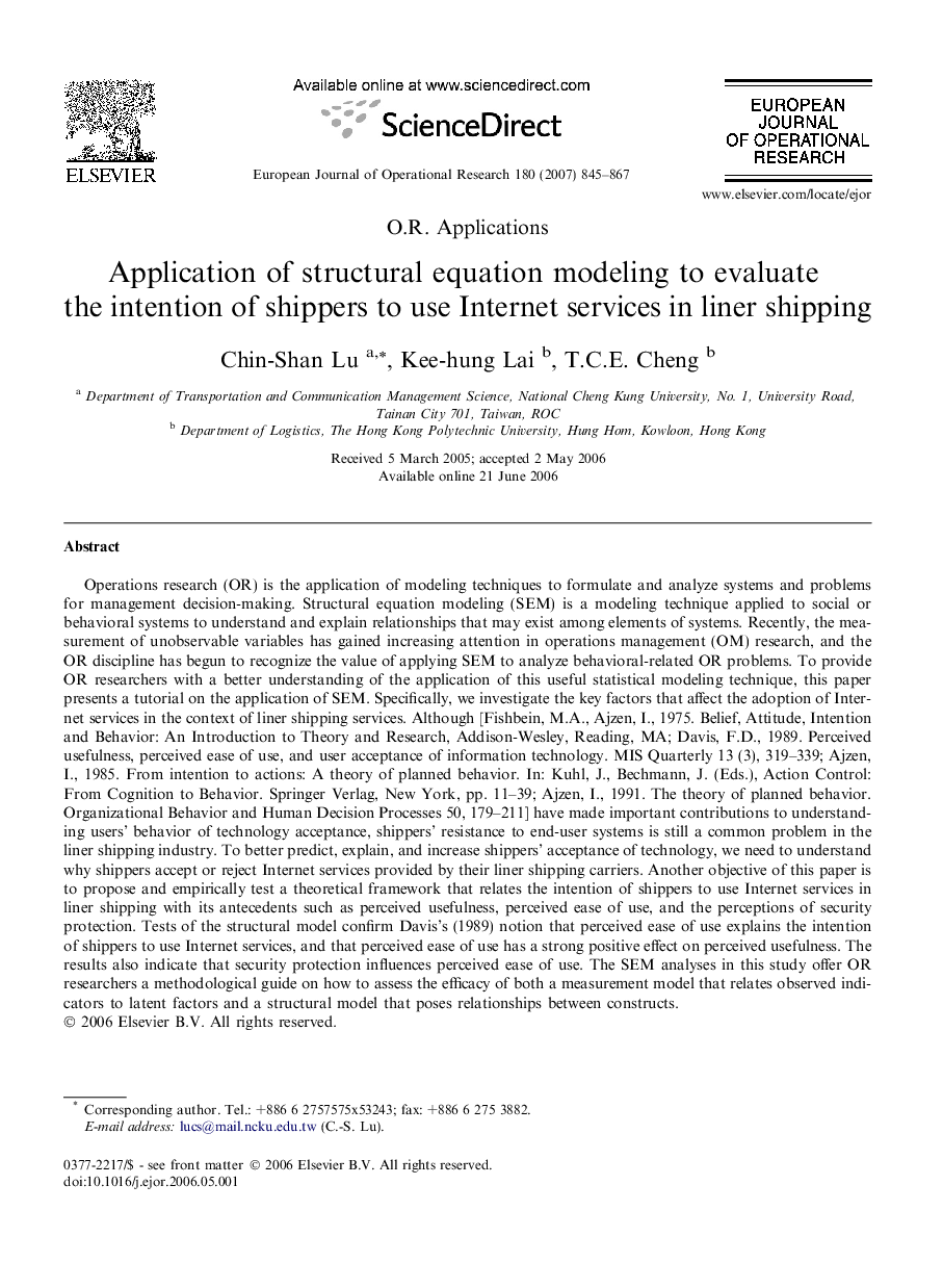 Application of structural equation modeling to evaluate the intention of shippers to use Internet services in liner shipping