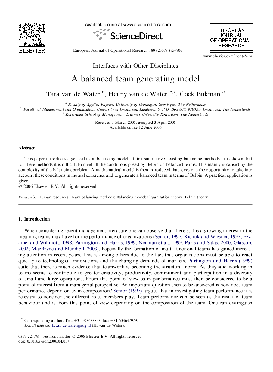 A balanced team generating model