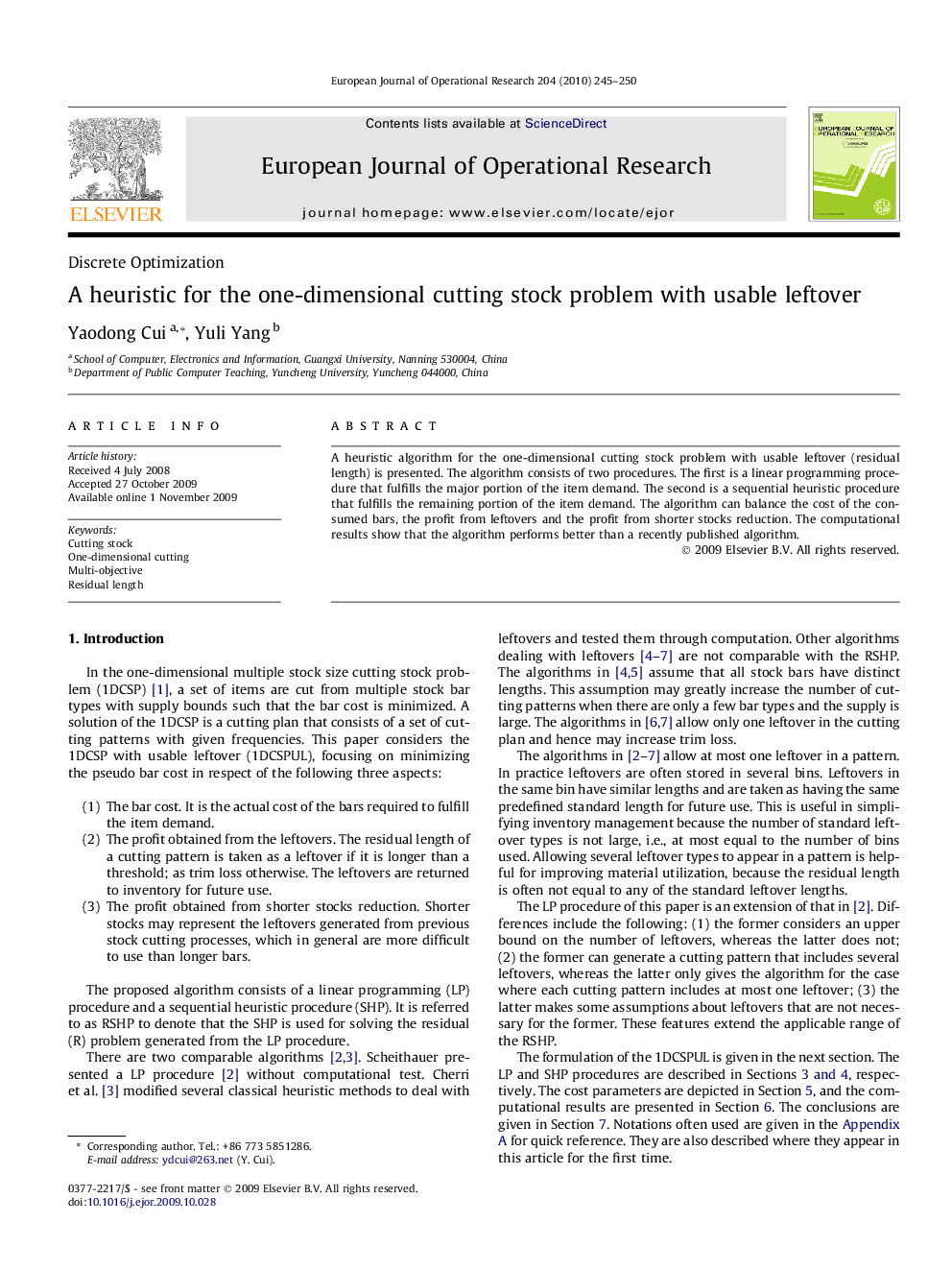 A heuristic for the one-dimensional cutting stock problem with usable leftover