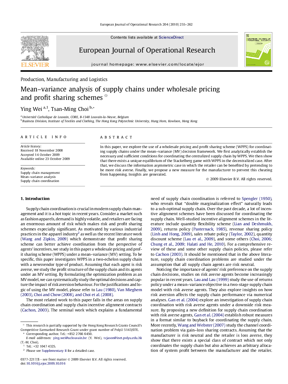 Mean–variance analysis of supply chains under wholesale pricing and profit sharing schemes 