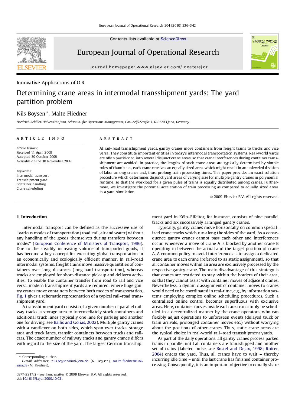 Determining crane areas in intermodal transshipment yards: The yard partition problem