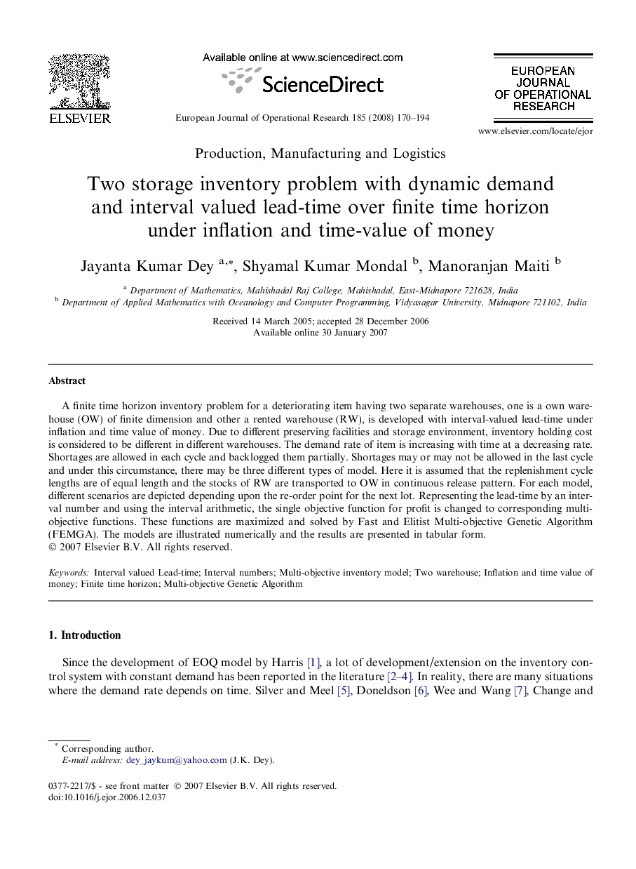 Two storage inventory problem with dynamic demand and interval valued lead-time over finite time horizon under inflation and time-value of money