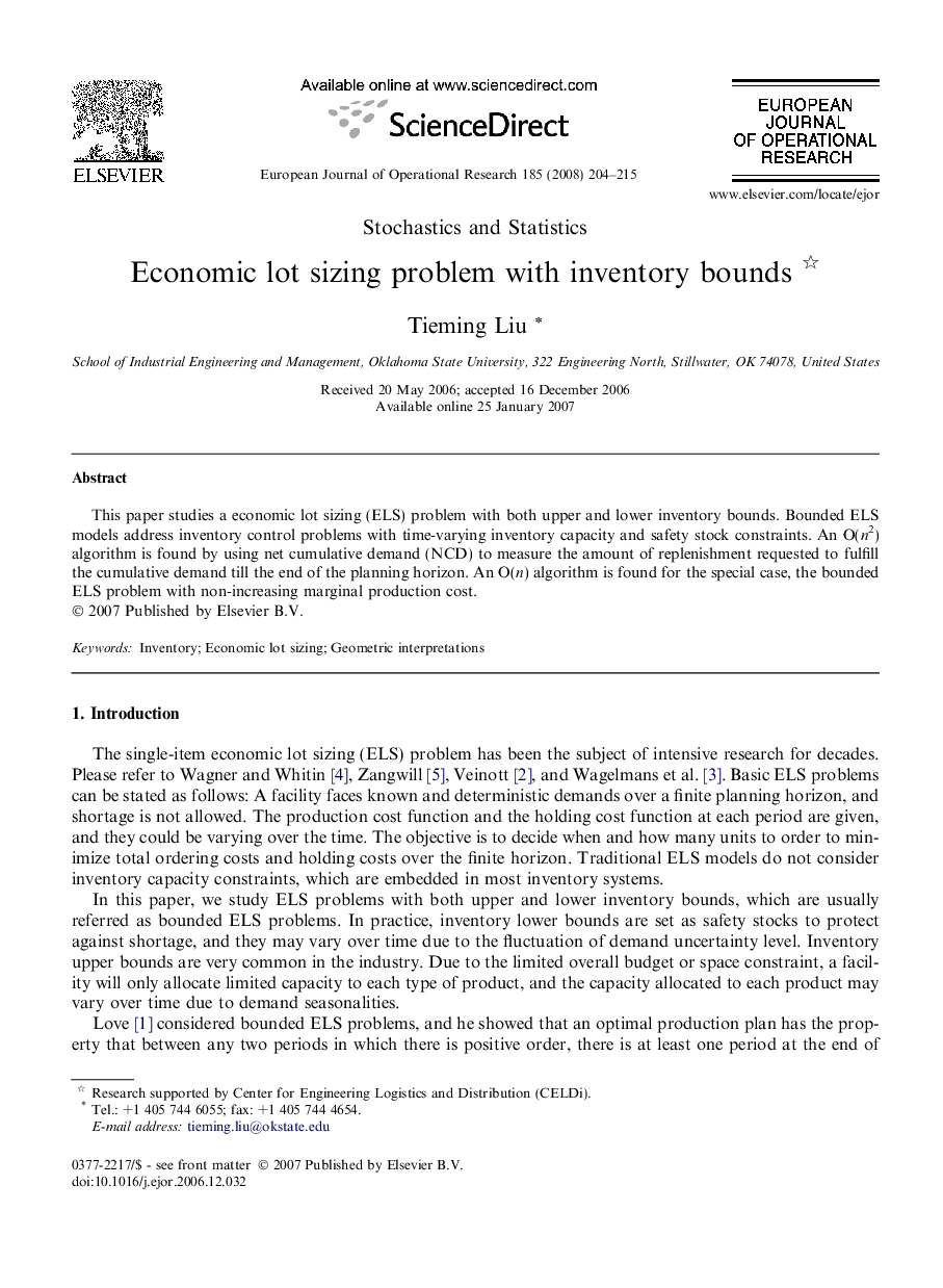 Economic lot sizing problem with inventory bounds 