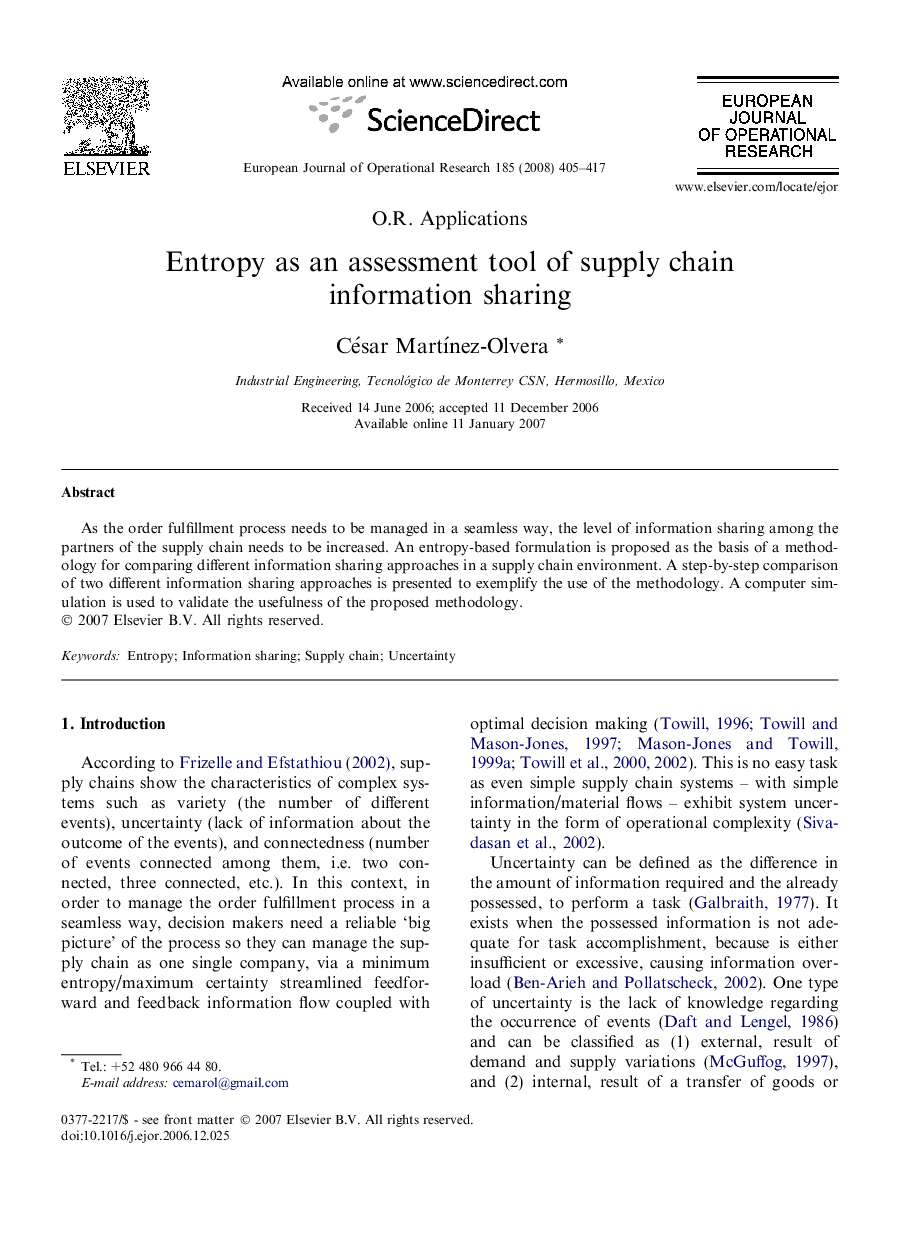 Entropy as an assessment tool of supply chain information sharing