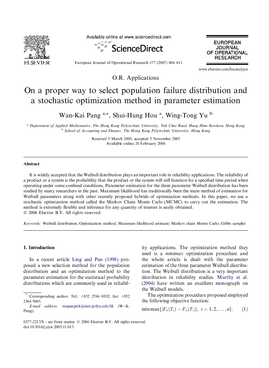 On a proper way to select population failure distribution and a stochastic optimization method in parameter estimation