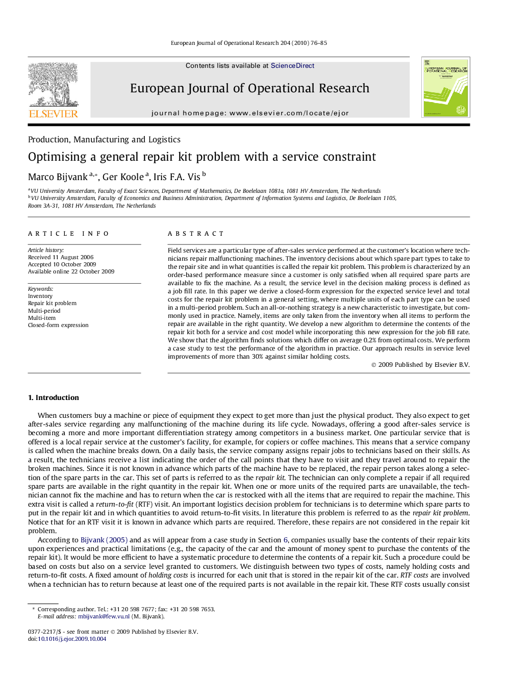 Optimising a general repair kit problem with a service constraint