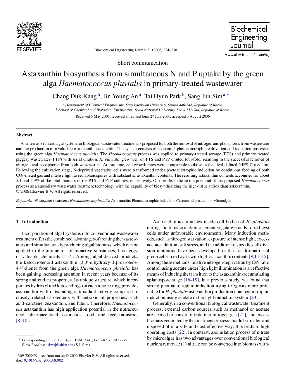 Astaxanthin biosynthesis from simultaneous N and P uptake by the green alga Haematococcus pluvialis in primary-treated wastewater