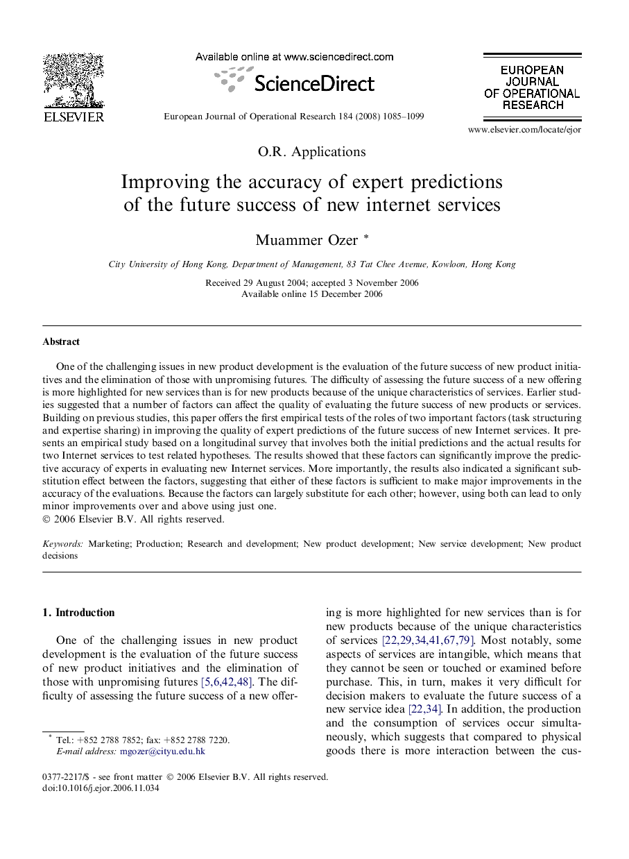 Improving the accuracy of expert predictions of the future success of new internet services