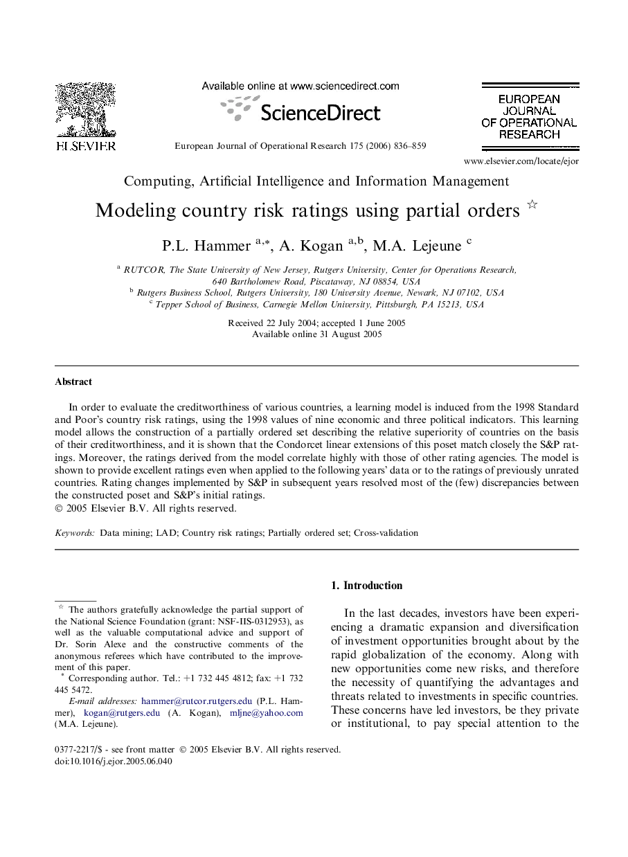 Modeling country risk ratings using partial orders 