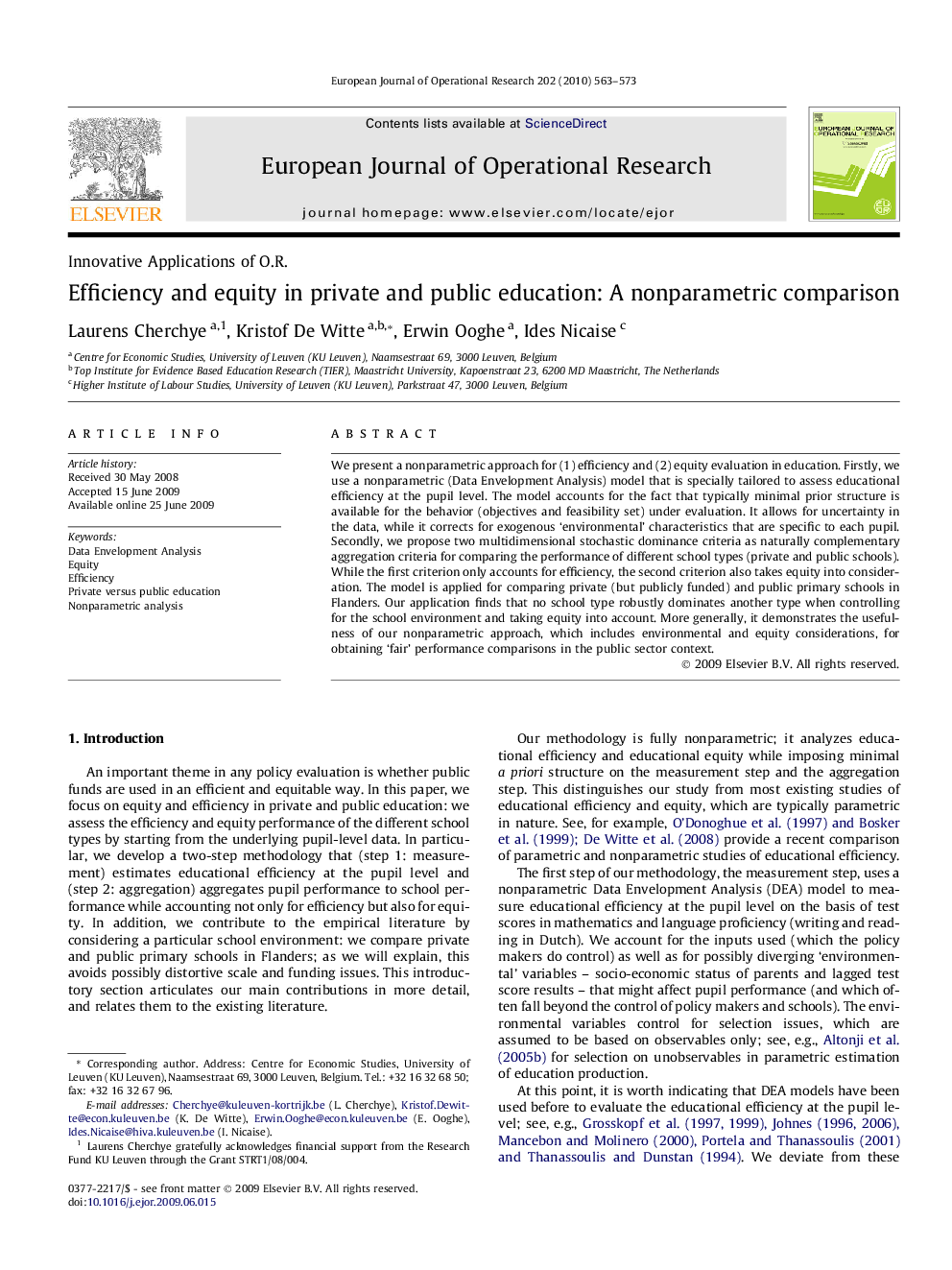 Efficiency and equity in private and public education: A nonparametric comparison