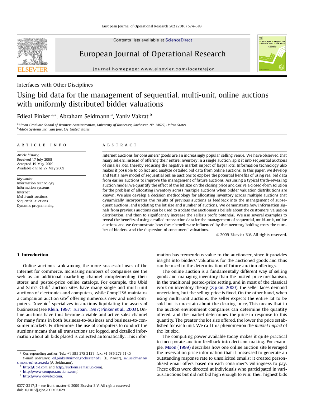 Using bid data for the management of sequential, multi-unit, online auctions with uniformly distributed bidder valuations