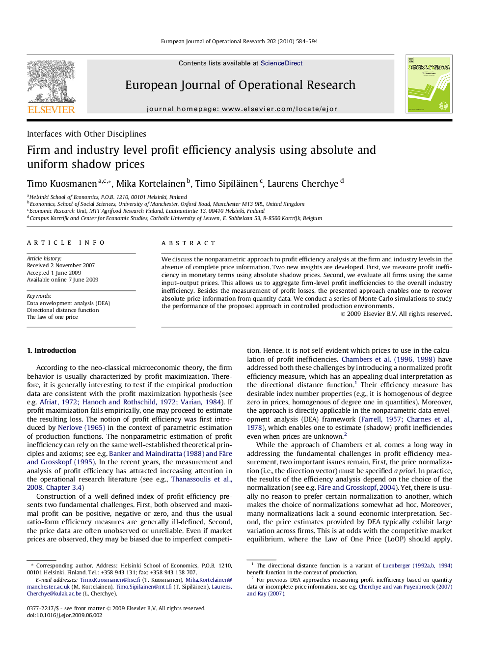 Firm and industry level profit efficiency analysis using absolute and uniform shadow prices