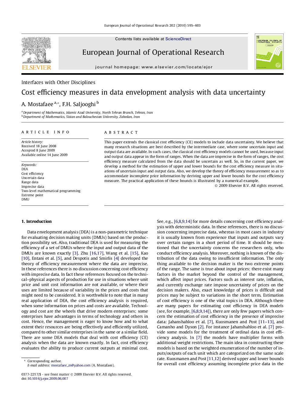 Cost efficiency measures in data envelopment analysis with data uncertainty