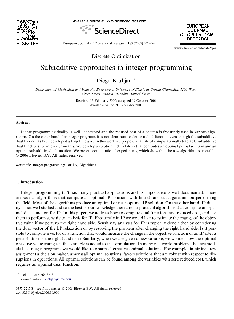 Subadditive approaches in integer programming