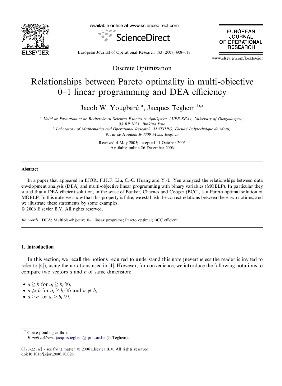 Relationships between Pareto optimality in multi-objective 0–1 linear programming and DEA efficiency