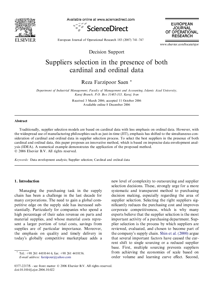 Suppliers selection in the presence of both cardinal and ordinal data