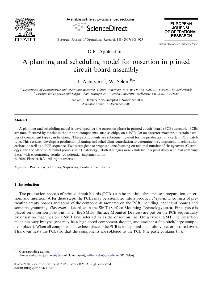 A planning and scheduling model for onsertion in printed circuit board assembly