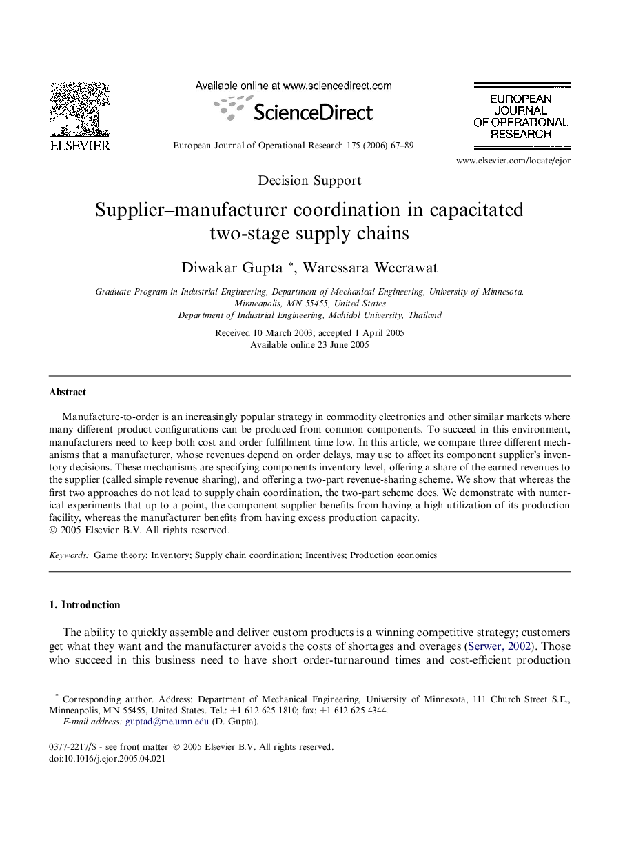 Supplier–manufacturer coordination in capacitated two-stage supply chains