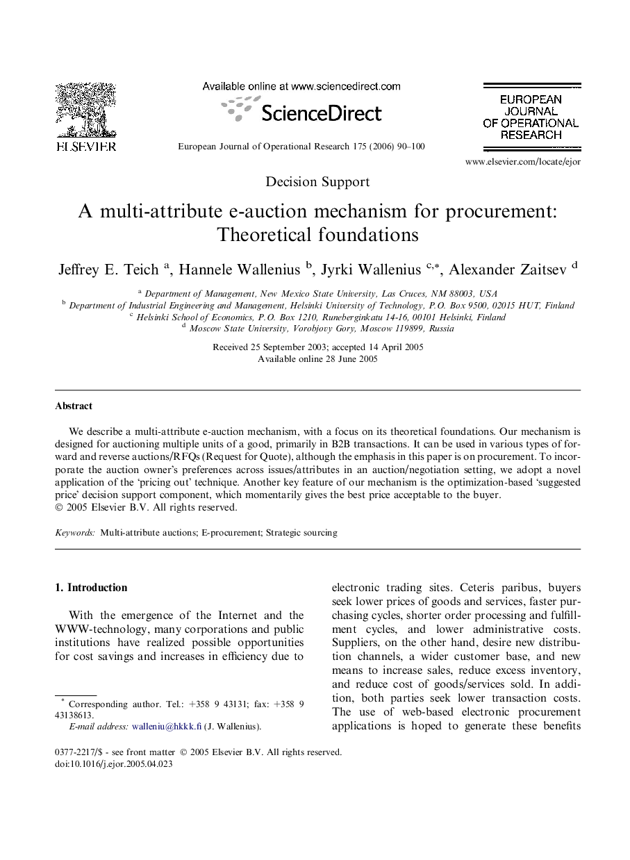 A multi-attribute e-auction mechanism for procurement: Theoretical foundations