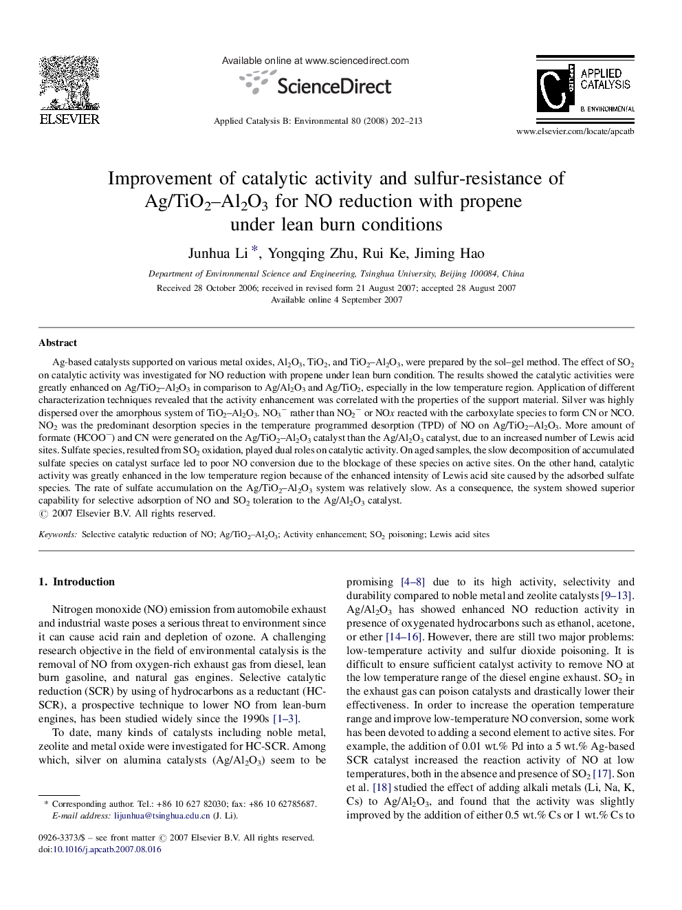 Improvement of catalytic activity and sulfur-resistance of Ag/TiO2–Al2O3 for NO reduction with propene under lean burn conditions