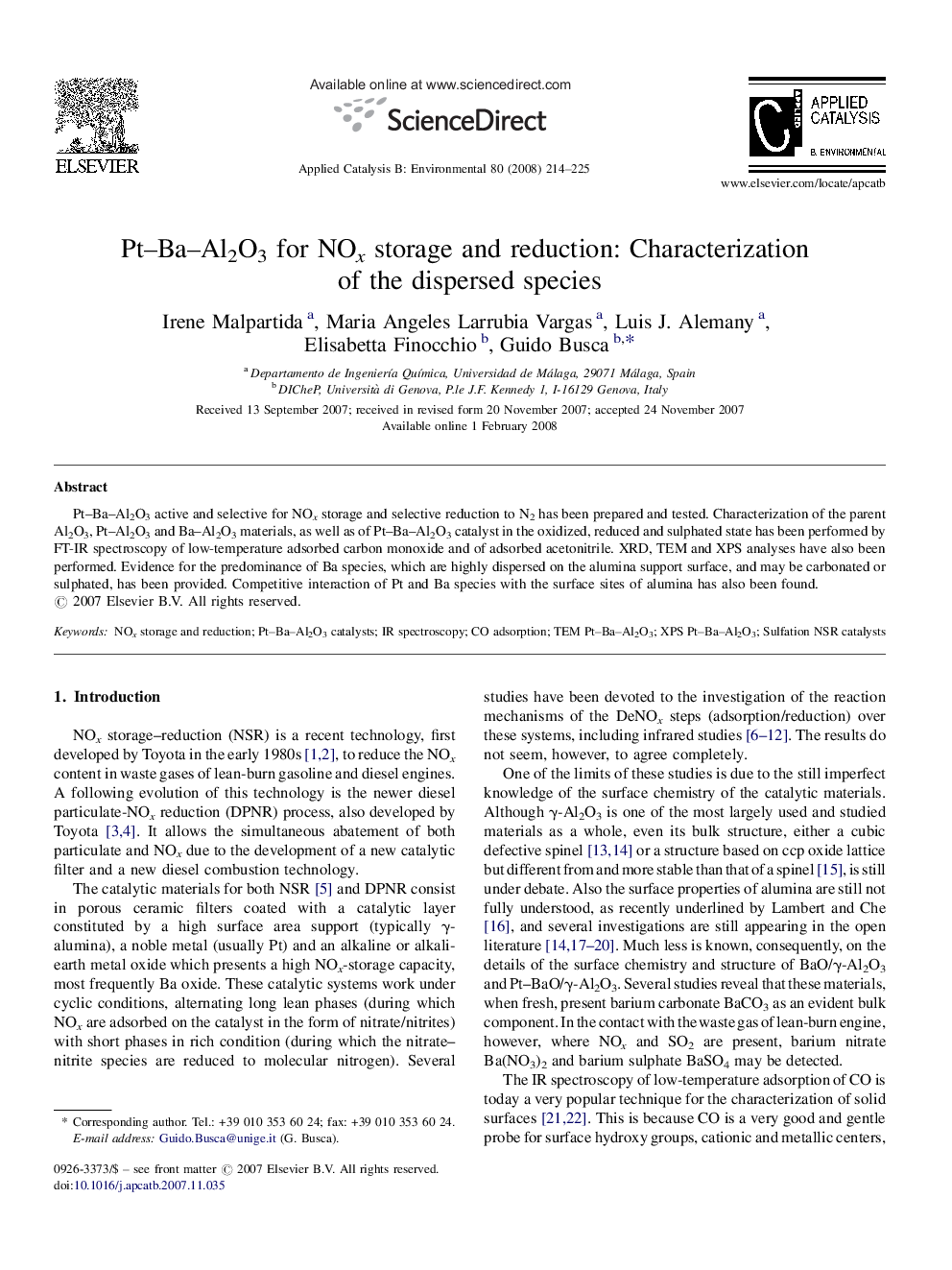 Pt–Ba–Al2O3 for NOx storage and reduction: Characterization of the dispersed species