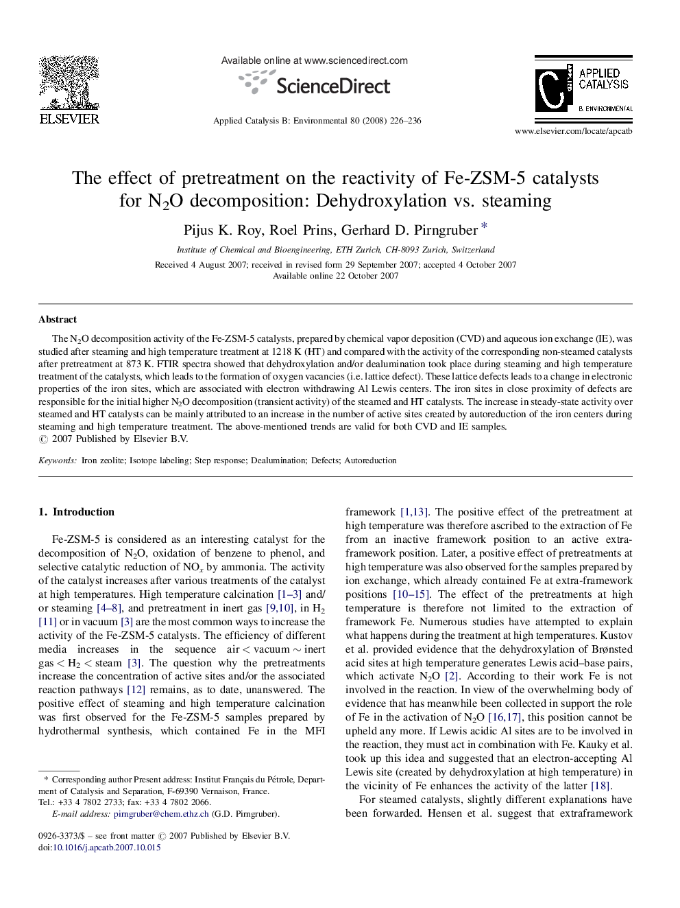 The effect of pretreatment on the reactivity of Fe-ZSM-5 catalysts for N2O decomposition: Dehydroxylation vs. steaming