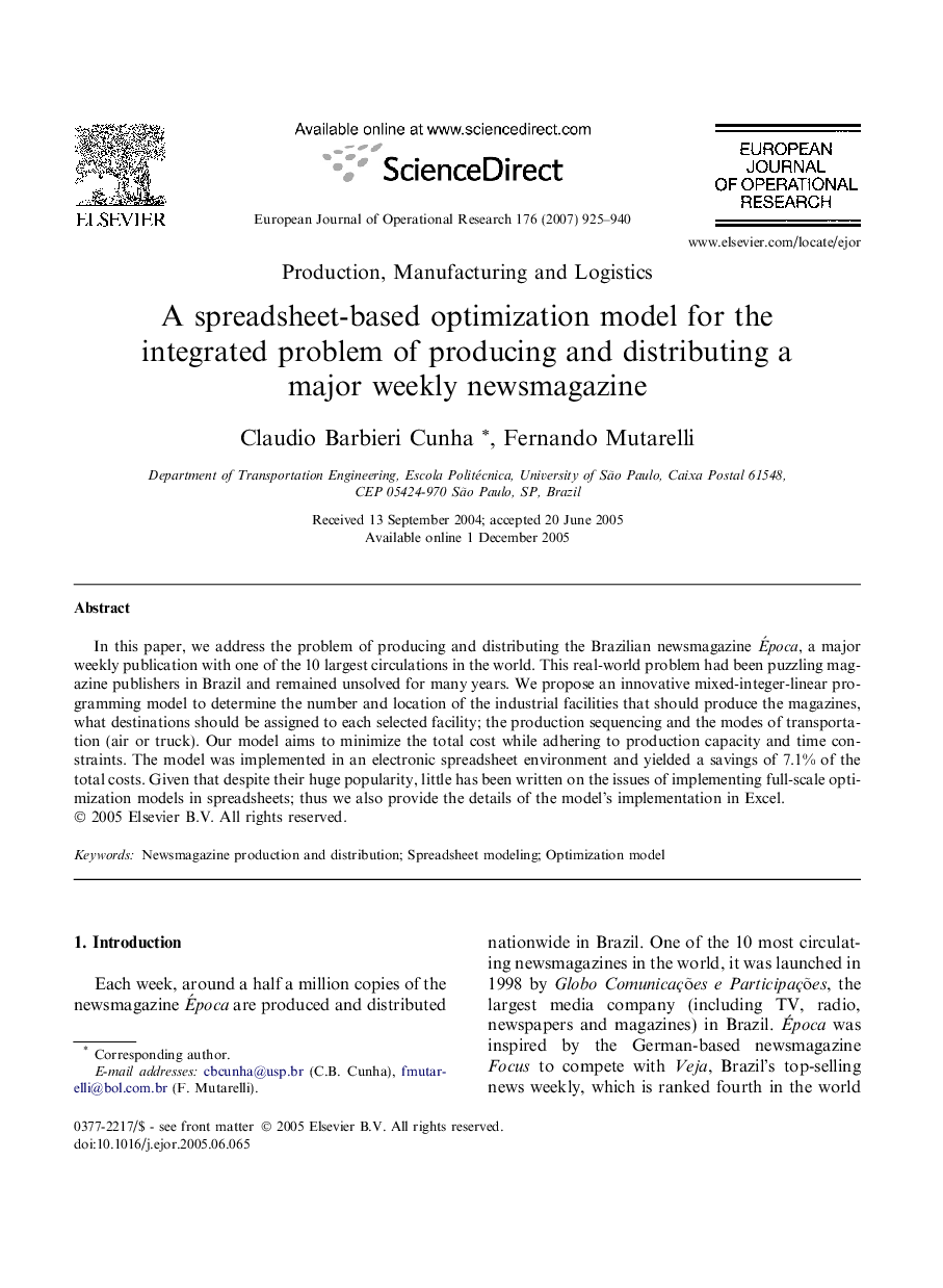 A spreadsheet-based optimization model for the integrated problem of producing and distributing a major weekly newsmagazine