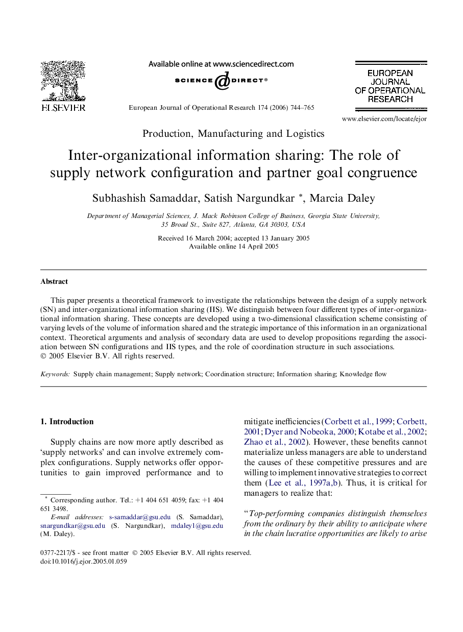 Inter-organizational information sharing: The role of supply network configuration and partner goal congruence