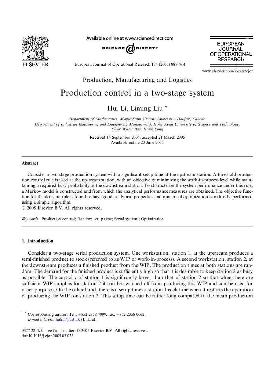 Production control in a two-stage system