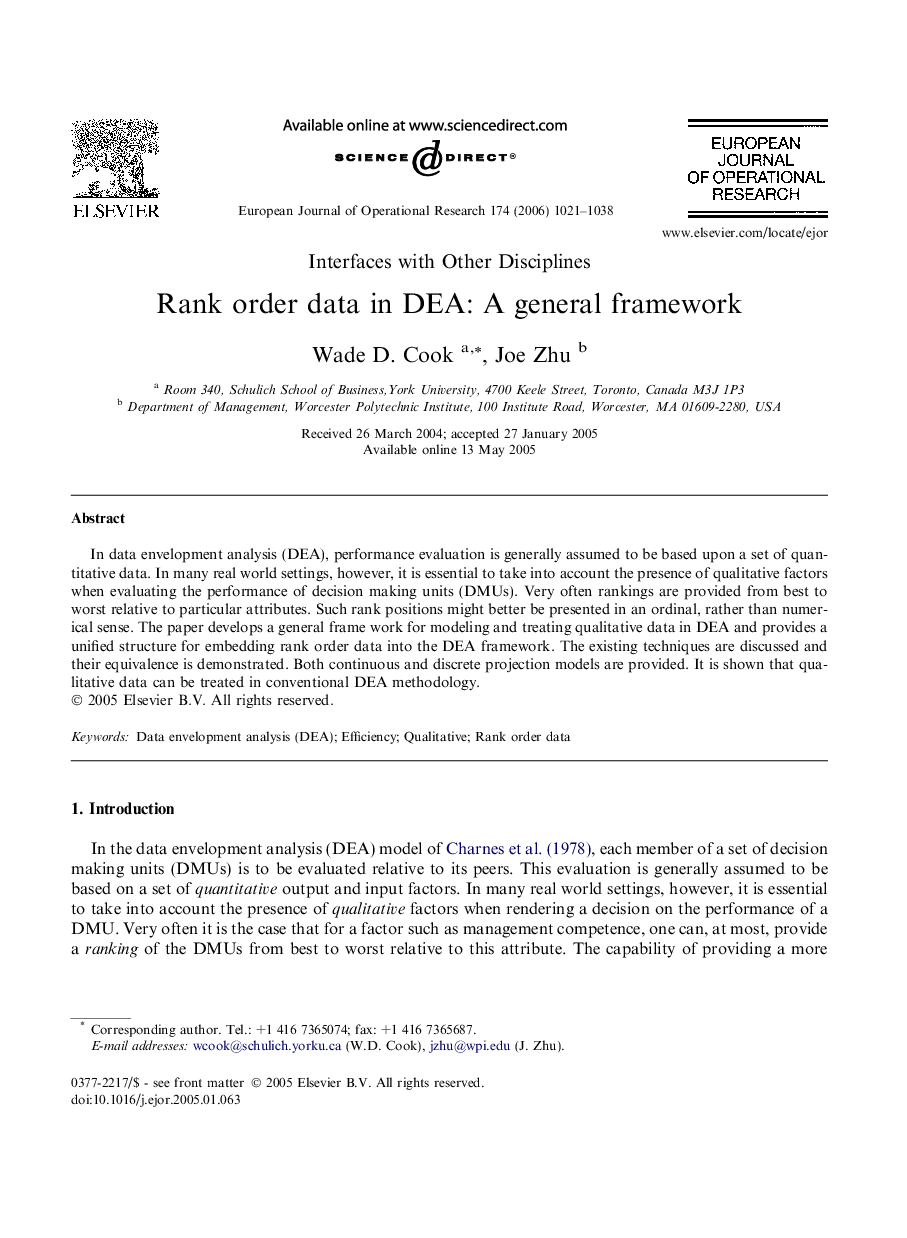 Rank order data in DEA: A general framework