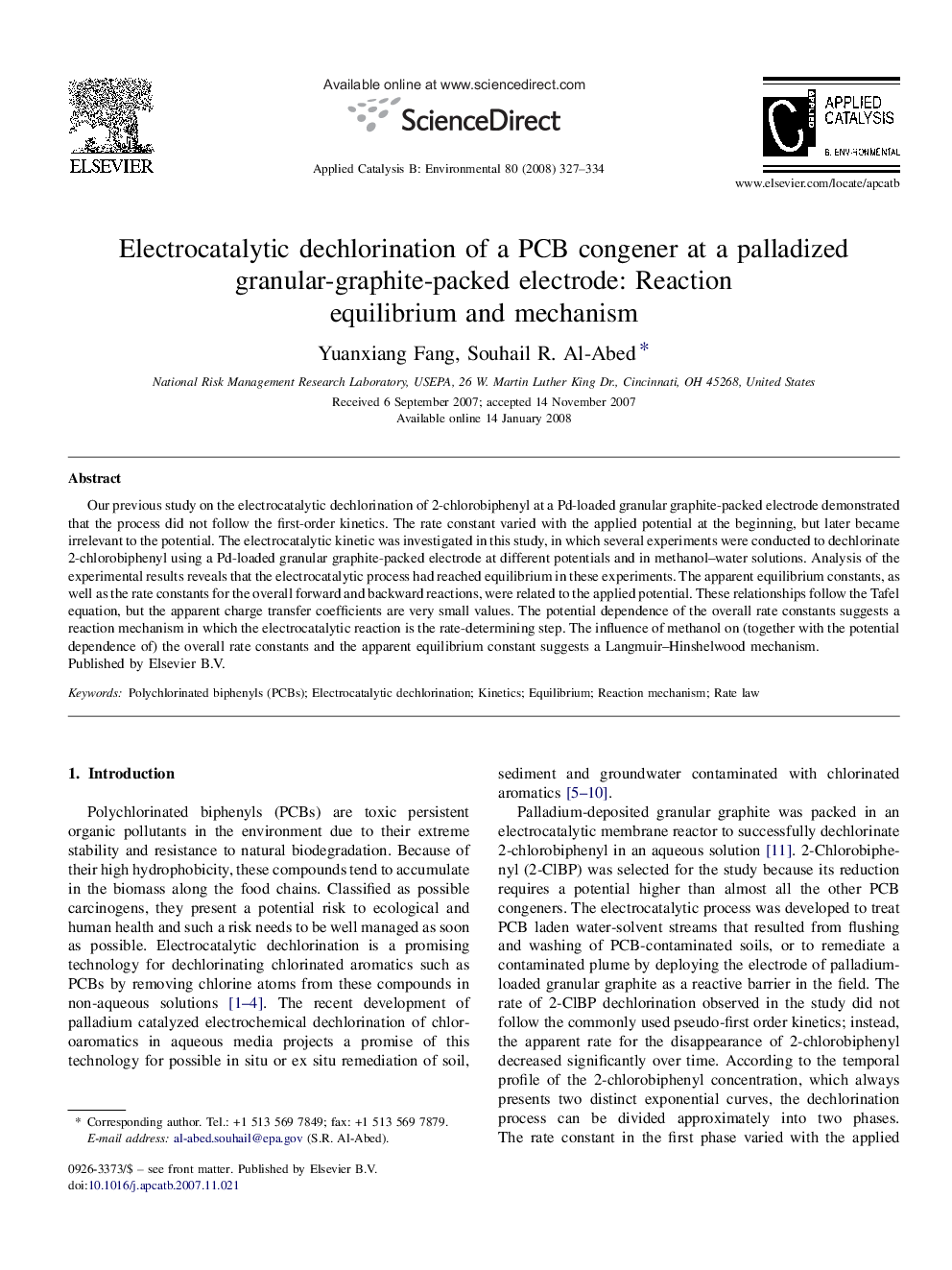 Electrocatalytic dechlorination of a PCB congener at a palladized granular-graphite-packed electrode: Reaction equilibrium and mechanism