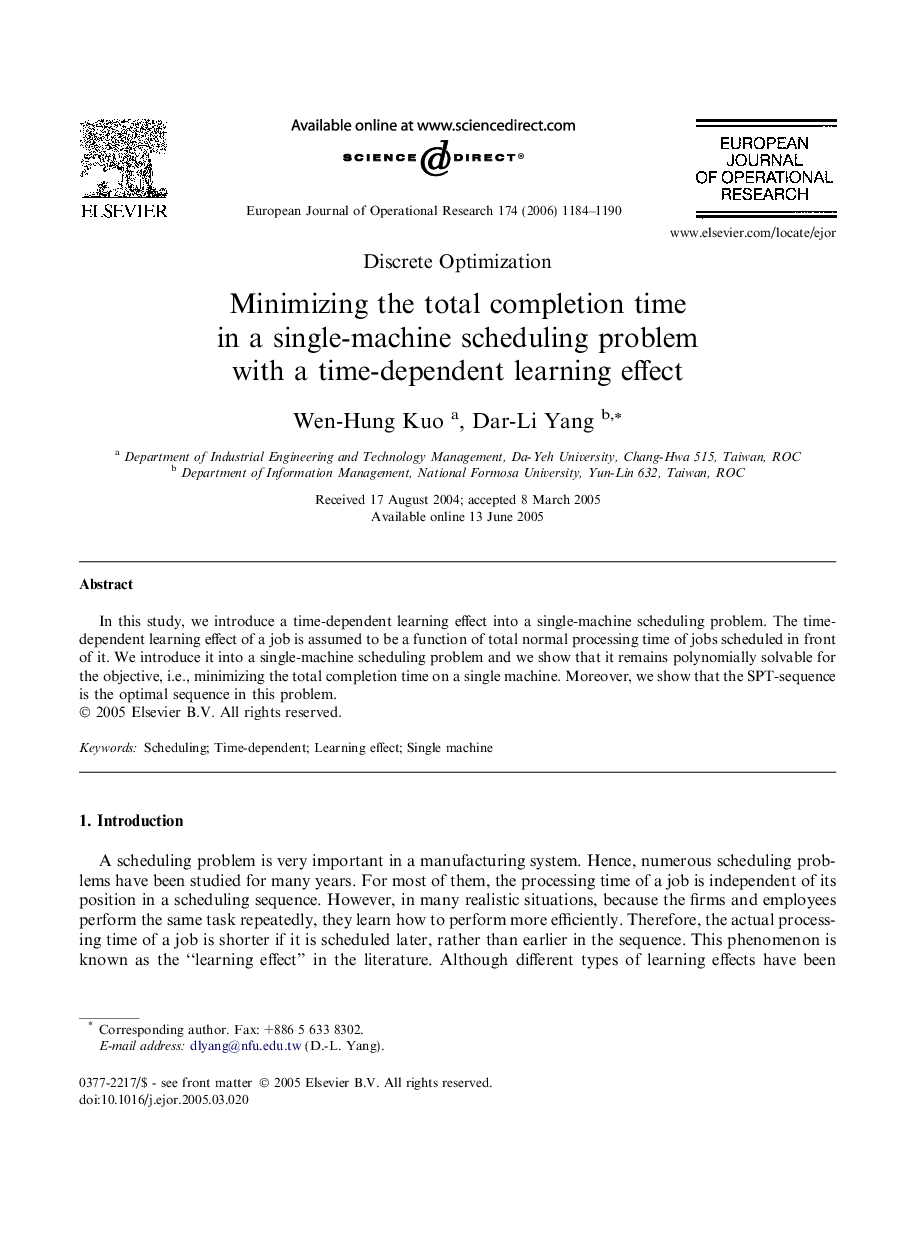 Minimizing the total completion time in a single-machine scheduling problem with a time-dependent learning effect