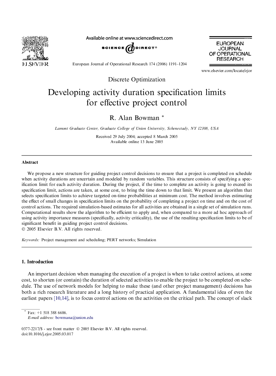 Developing activity duration specification limits for effective project control