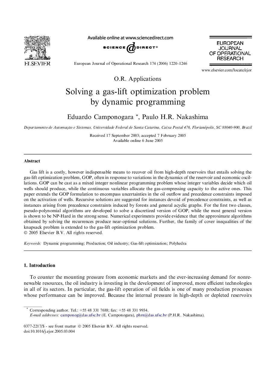 Solving a gas-lift optimization problem by dynamic programming