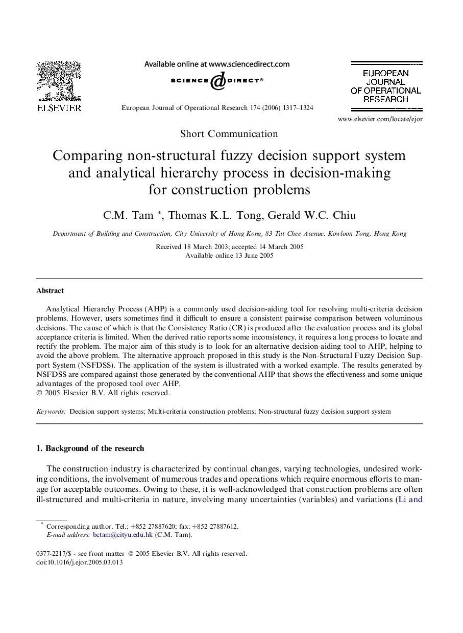 Comparing non-structural fuzzy decision support system and analytical hierarchy process in decision-making for construction problems