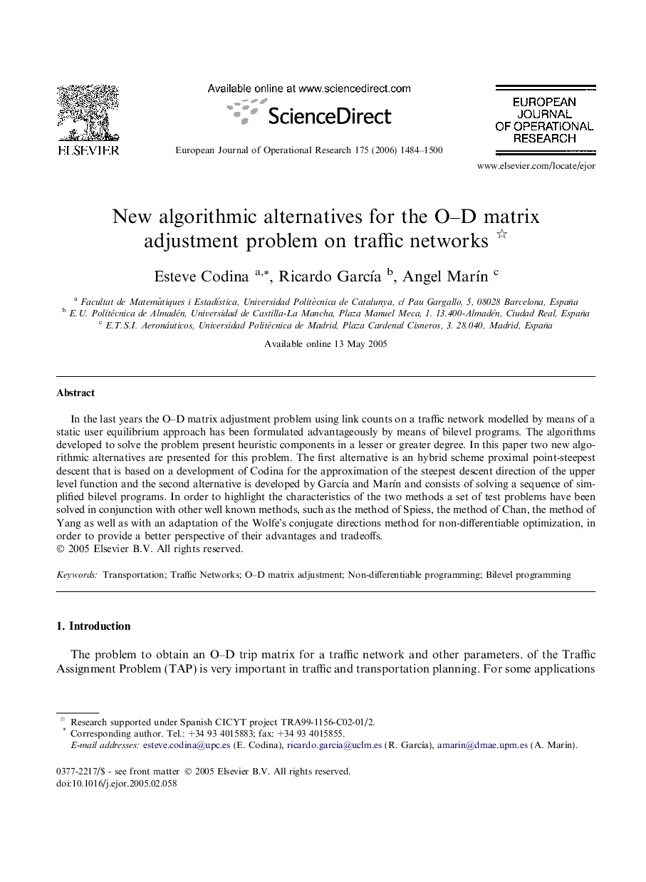 New algorithmic alternatives for the O–D matrix adjustment problem on traffic networks 