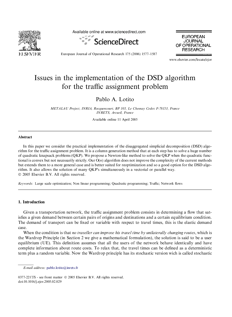 Issues in the implementation of the DSD algorithm for the traffic assignment problem