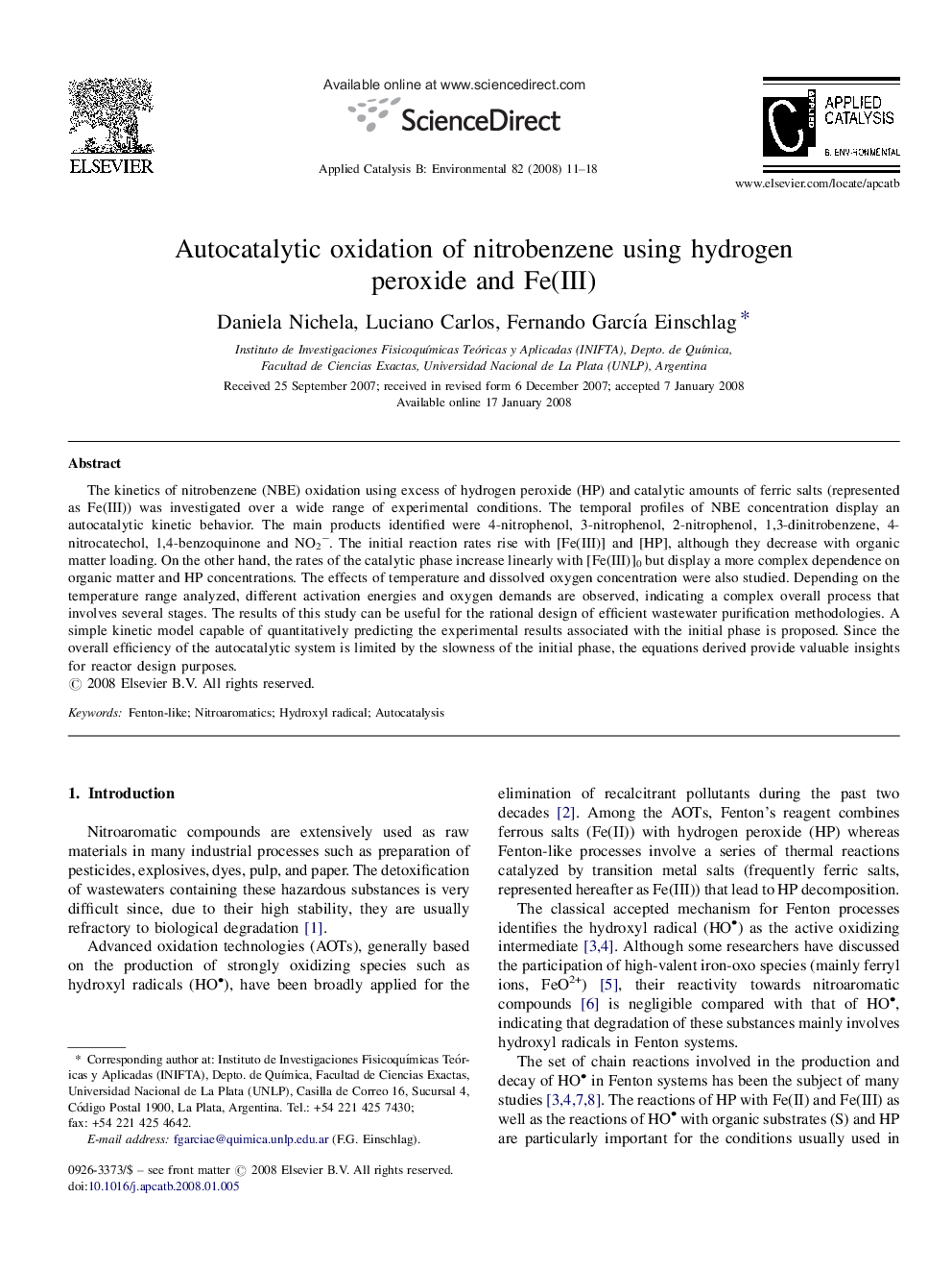 Autocatalytic oxidation of nitrobenzene using hydrogen peroxide and Fe(III)