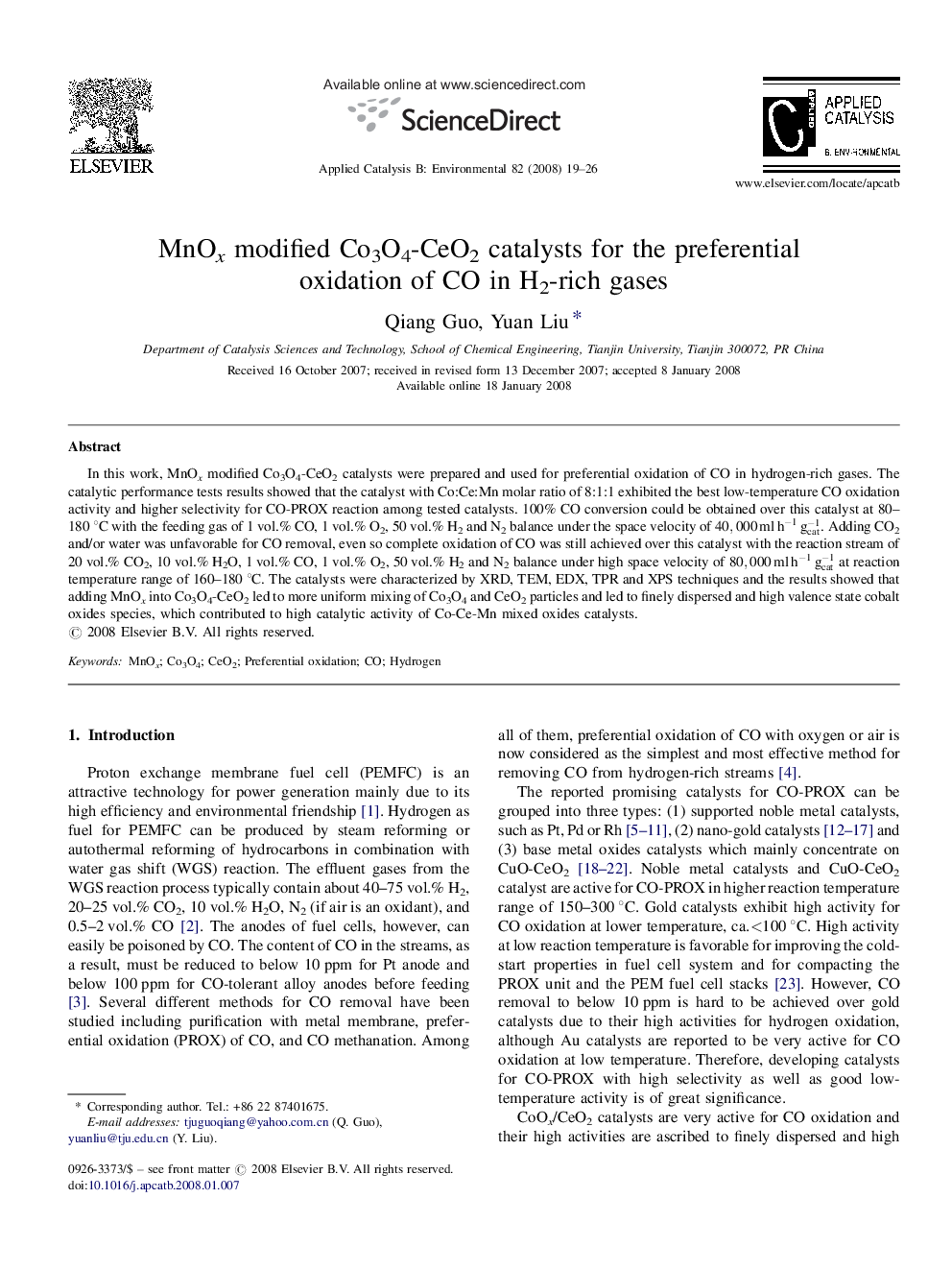 MnOx modified Co3O4-CeO2 catalysts for the preferential oxidation of CO in H2-rich gases