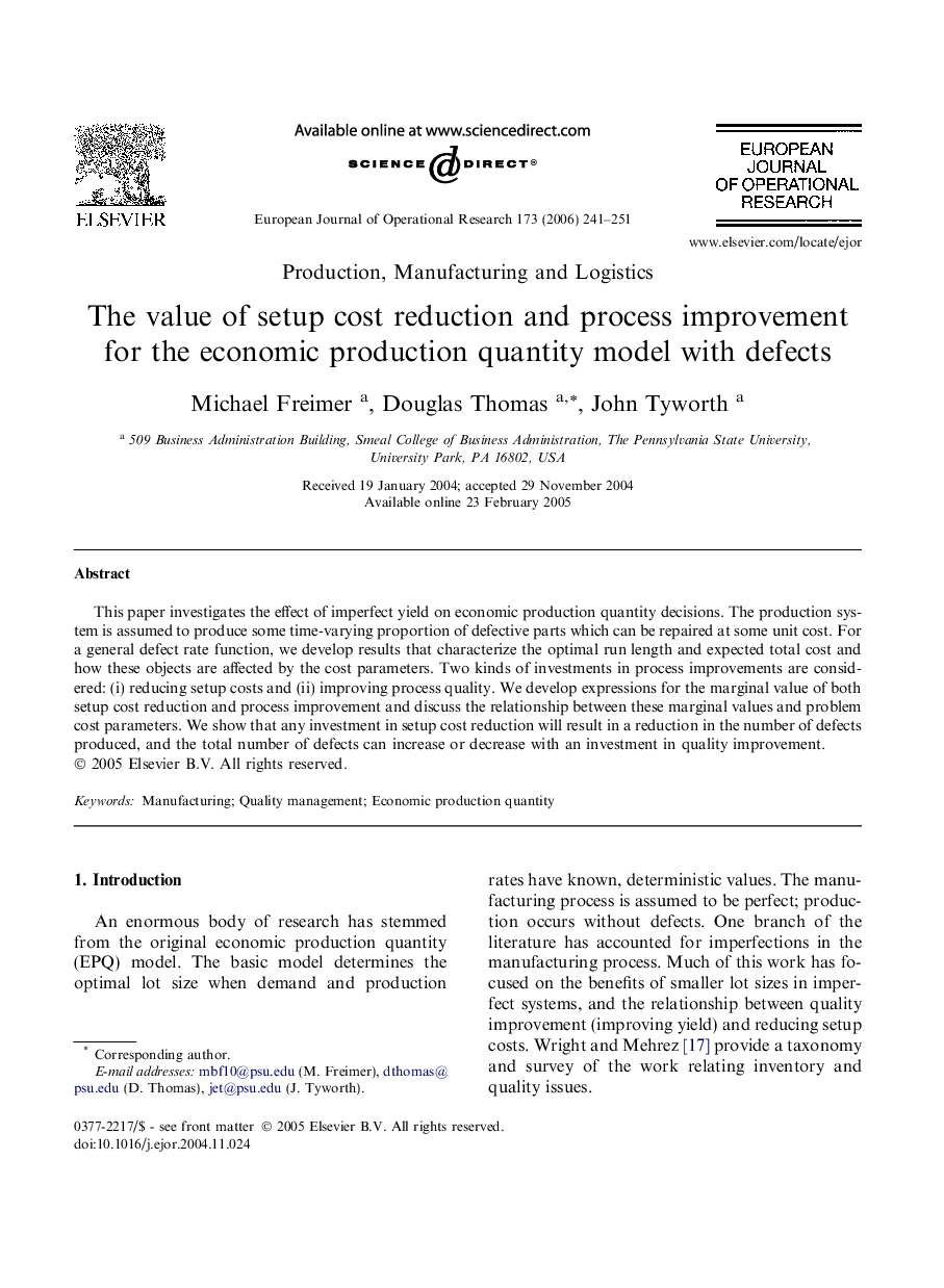 The value of setup cost reduction and process improvement for the economic production quantity model with defects