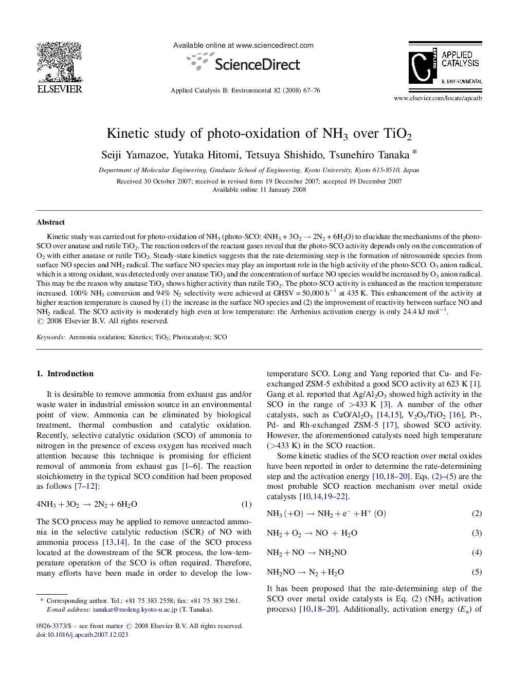 Kinetic study of photo-oxidation of NH3 over TiO2