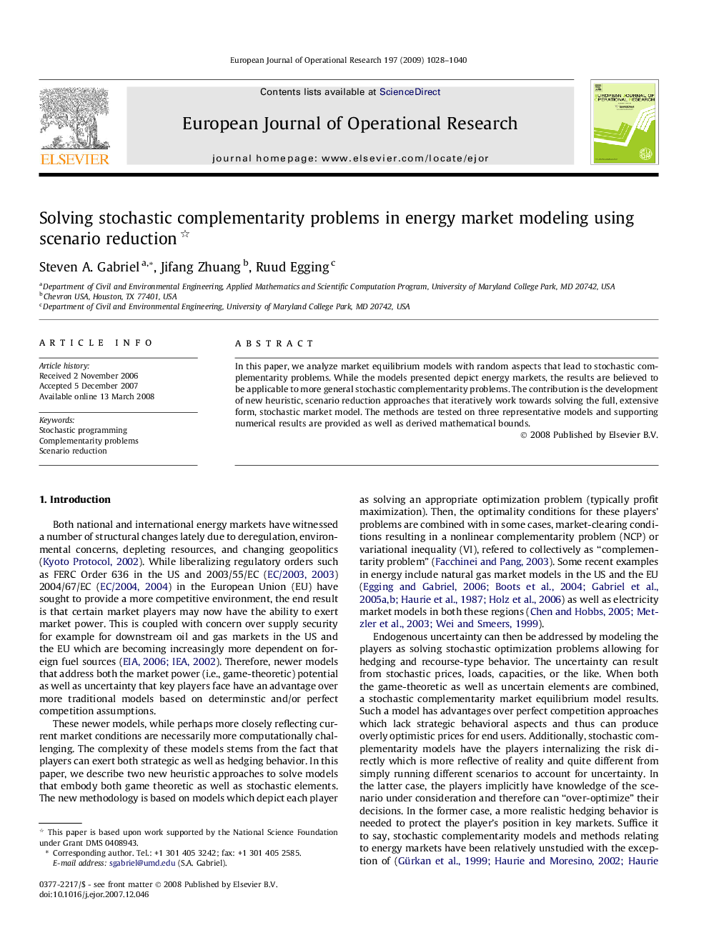 Solving stochastic complementarity problems in energy market modeling using scenario reduction 