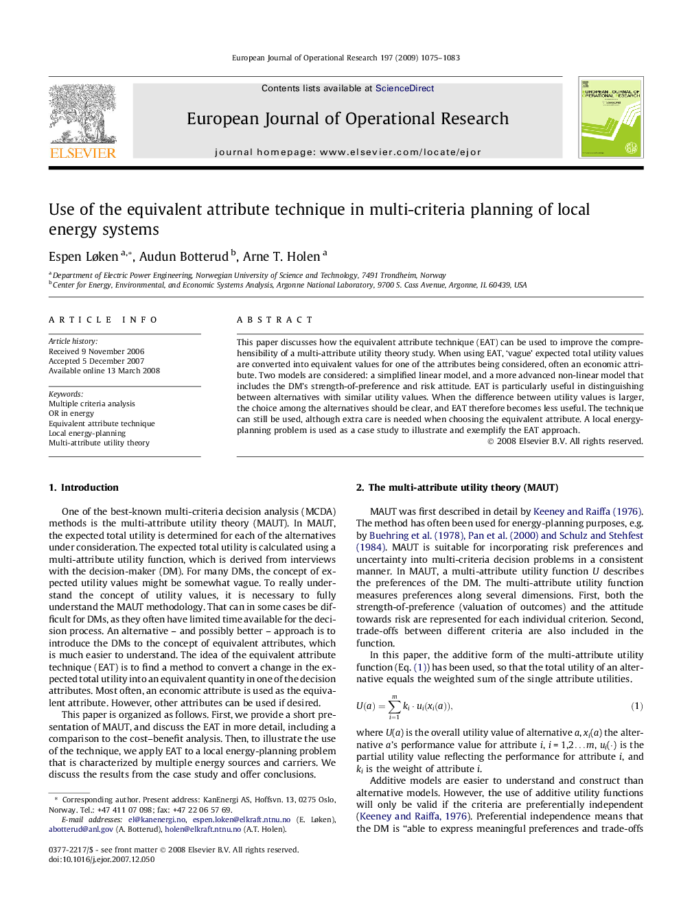 Use of the equivalent attribute technique in multi-criteria planning of local energy systems