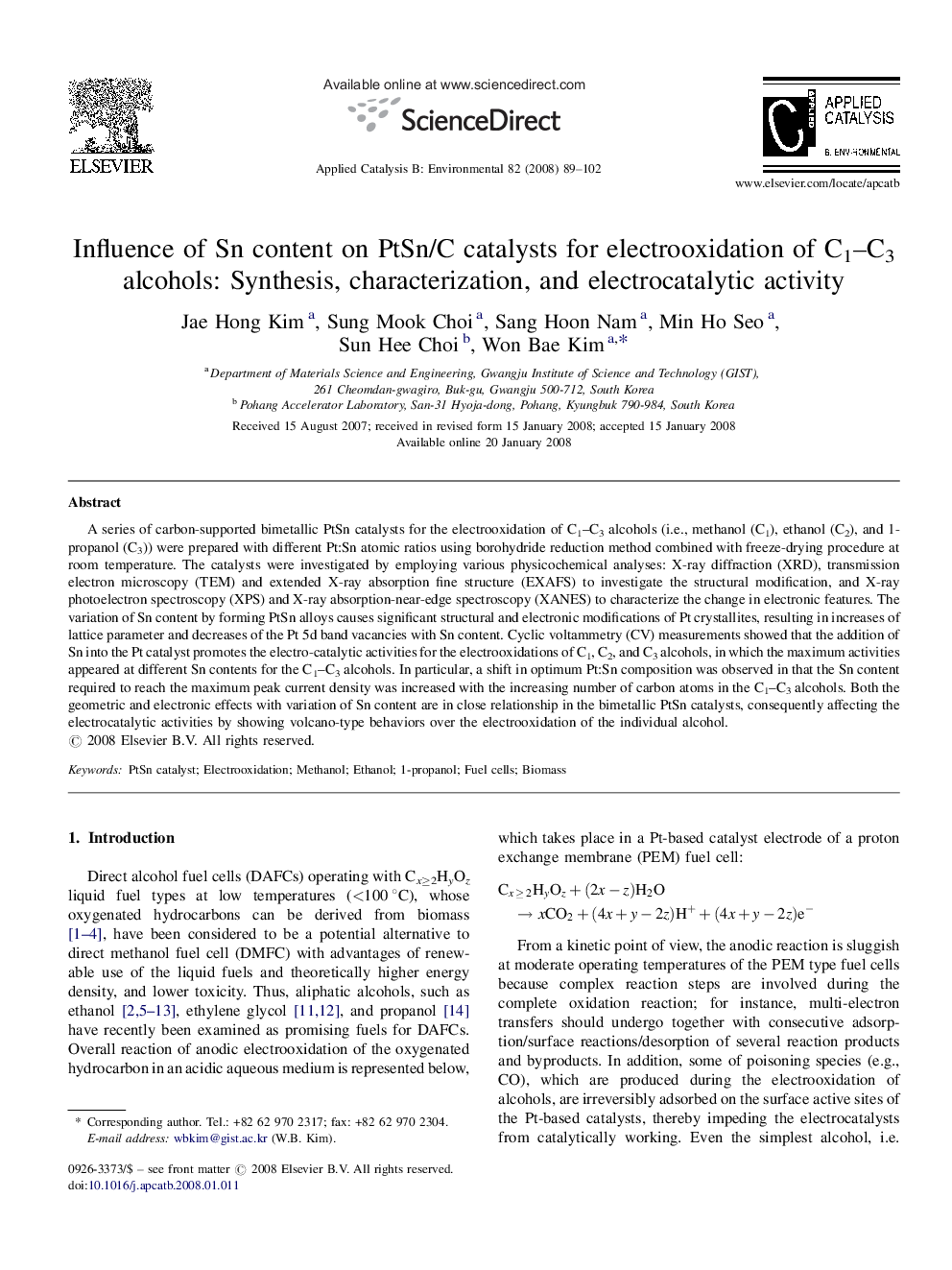 Influence of Sn content on PtSn/C catalysts for electrooxidation of C1–C3 alcohols: Synthesis, characterization, and electrocatalytic activity